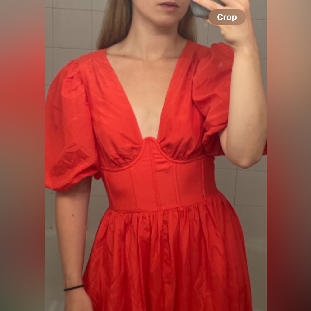 Farm Rio puff sleeve red midi dress